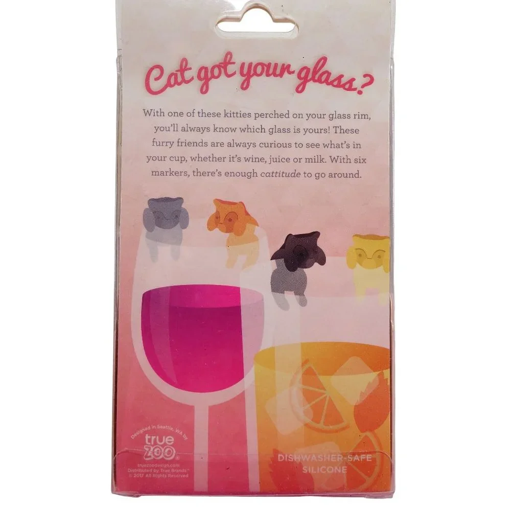 True Zoo Paws Off Set of 6 Kittens Silicone Wine Glass Markers Different‎ Colors
